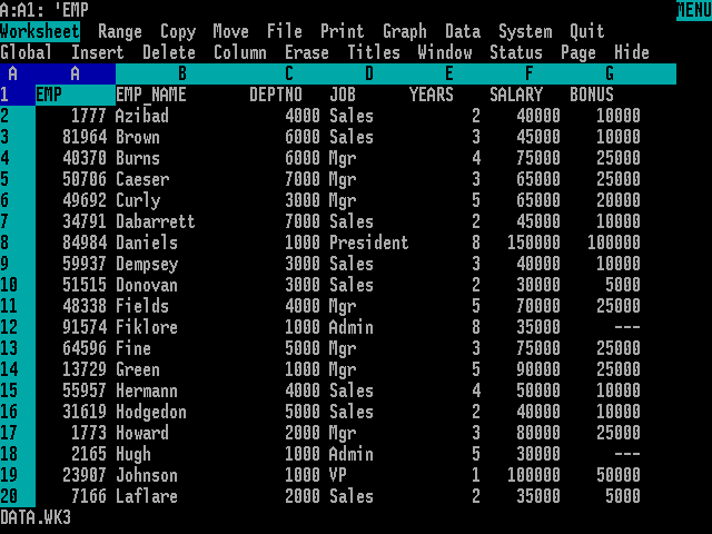 Lotus 1-2-3 release 3.0 on MS-DOS